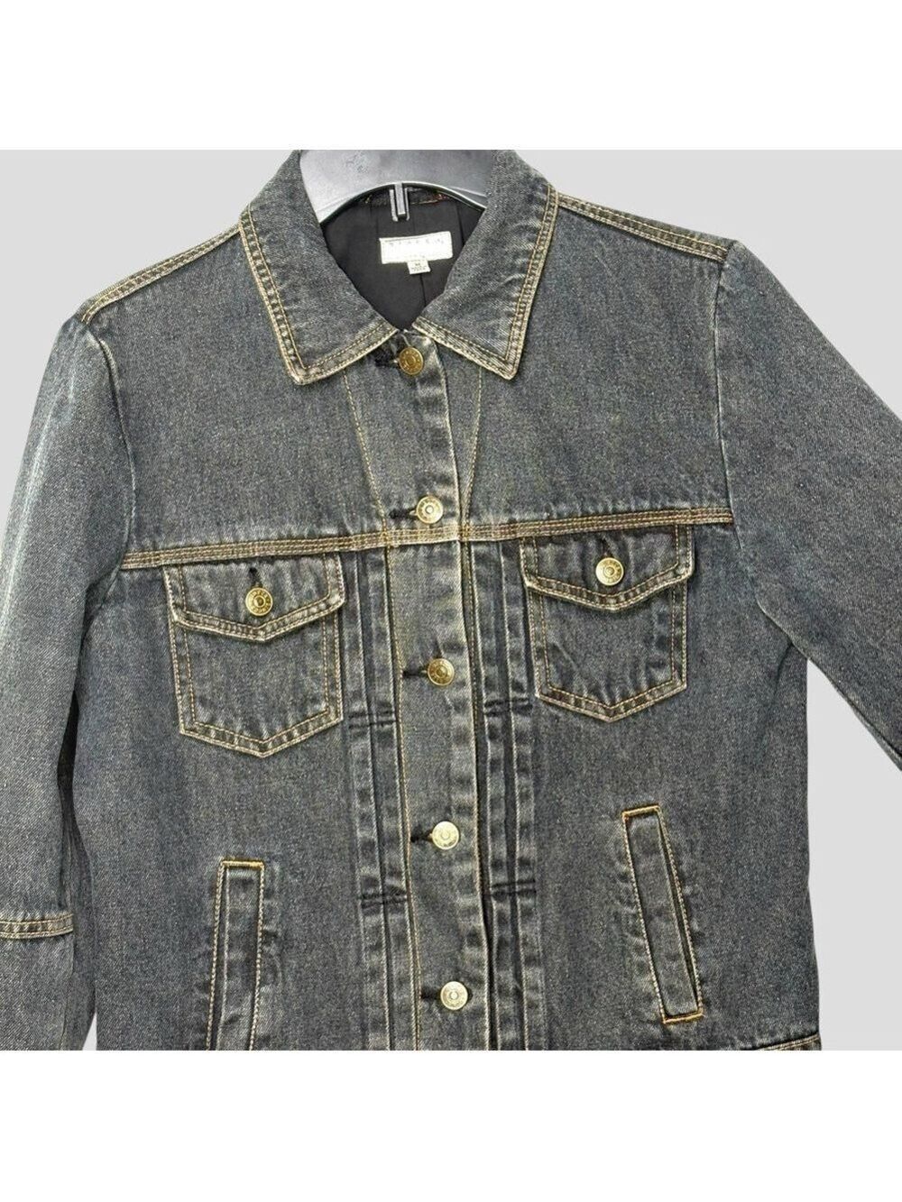 90s Gray Denim Jacket M Lace Up Corset Back Whimsigoth Grunge Steampunk Y2K - Picture 6 of 13